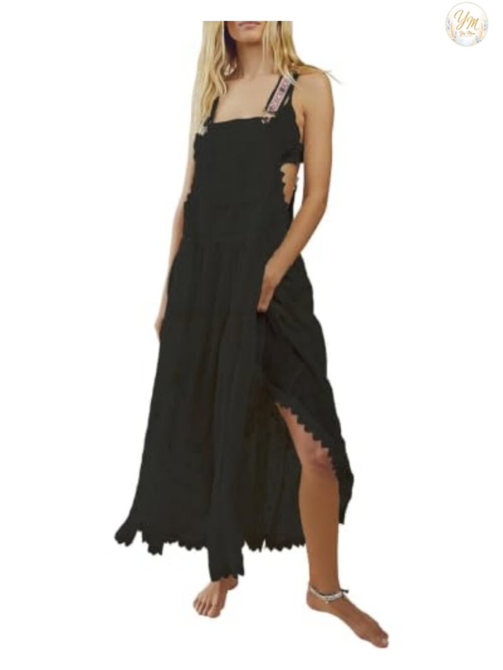 Women's Lace Embroidered Tulle Bib Dress Casual Loose Adjustable Straps Maxi